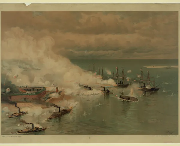 The USS Tecumseh strikes a mine and sinks at the Battle of Mobile Bay